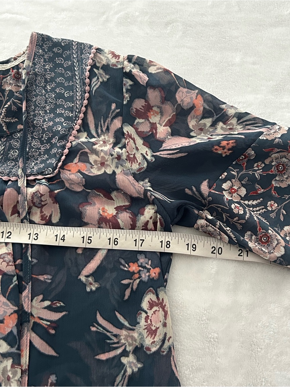 Knox Rose Medium Semi Sheer Boho Tassel Tie Front Top Navy Floral Peasant Blouse - Picture 7 of 8